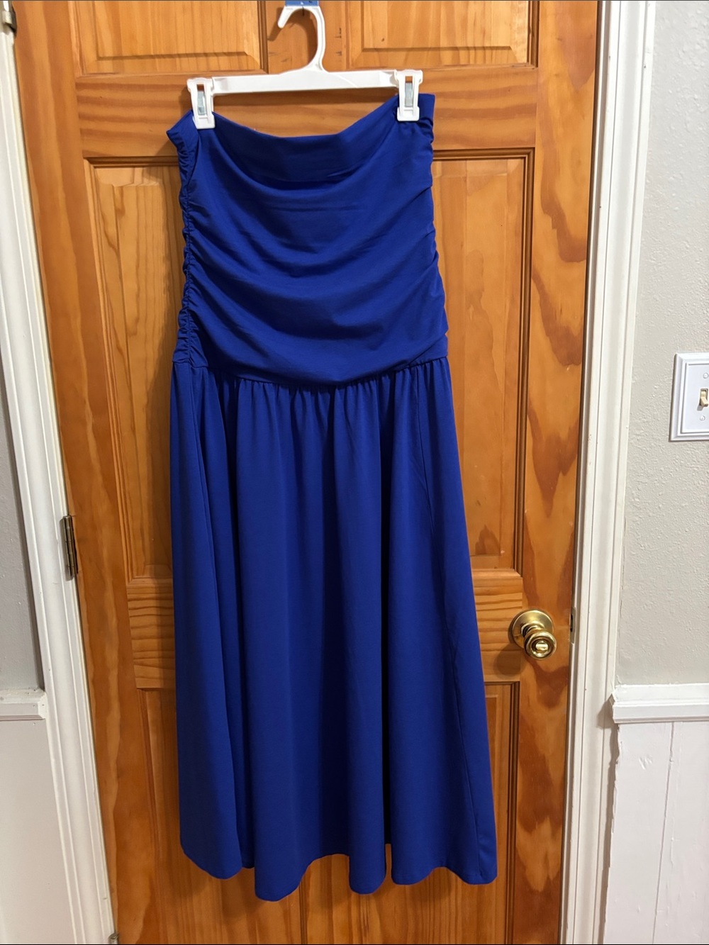 LOFT Strapless Royal Blue Ruched Bodice Midi Dress